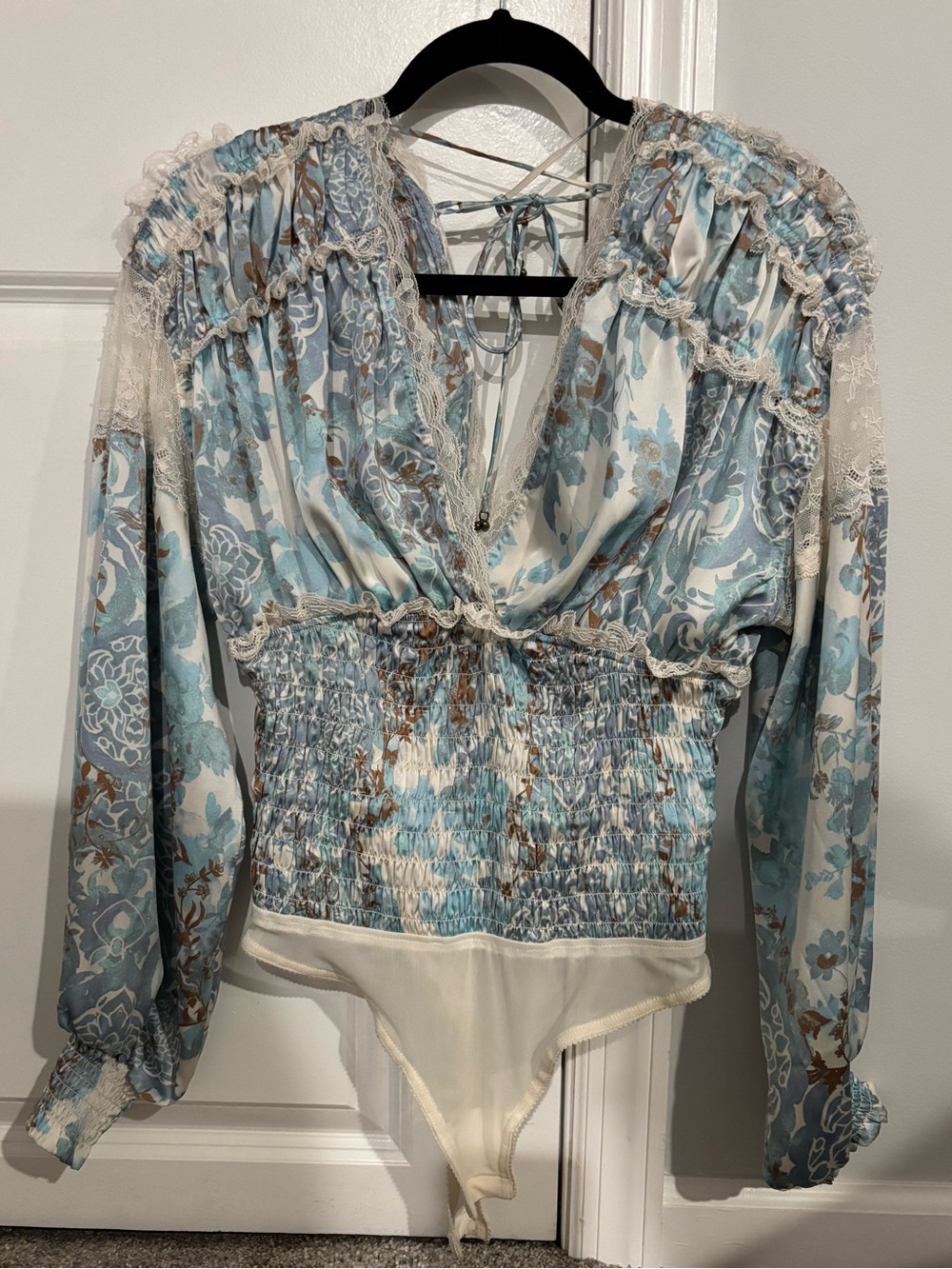Free People Worth the Wait Long Sleeve Bodysuit Floral Spring Lace-Trim Small